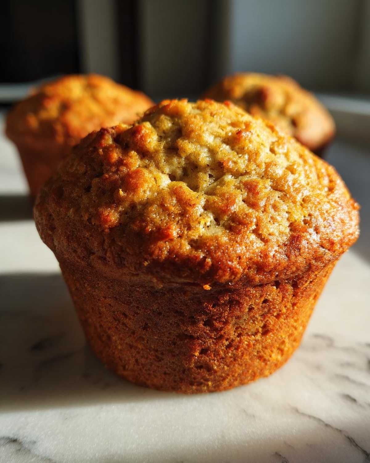 Close-up of a golden-brown Classic Protein Muffin with a textured top, bathed in sunlight.