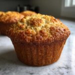 Close-up of a golden-brown classic protein muffin with a slightly crumbly top.