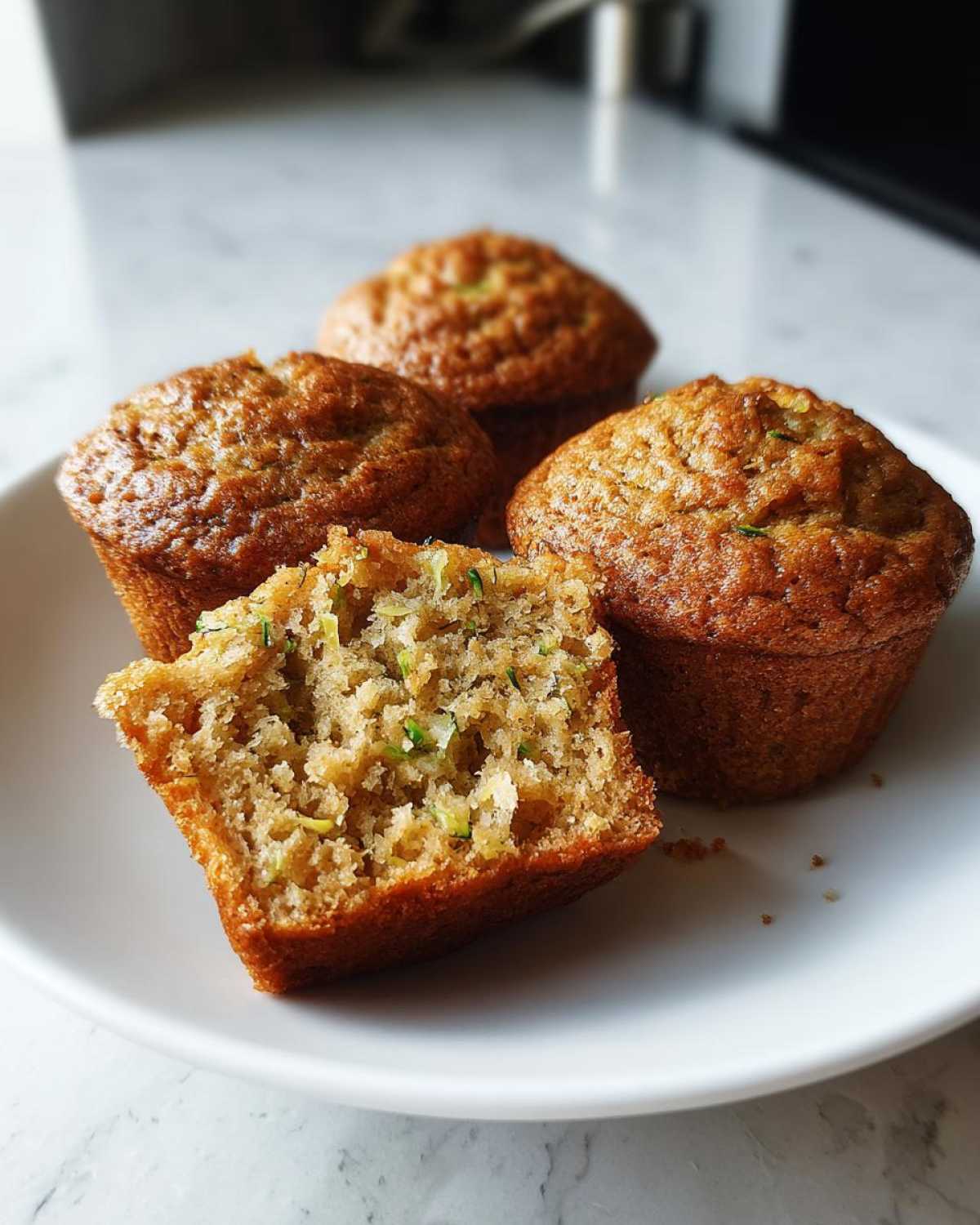 Close-up of Classic Zucchini Muffins on a white plate, with one muffin broken open to show the moist interior with shredded zucchini.