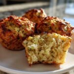 Close-up of a classic zucchini muffin cut in half, revealing a moist interior with visible zucchini shreds.