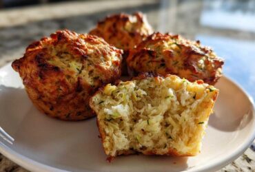 Close-up of a classic zucchini muffin cut in half, revealing a moist interior with visible zucchini shreds.