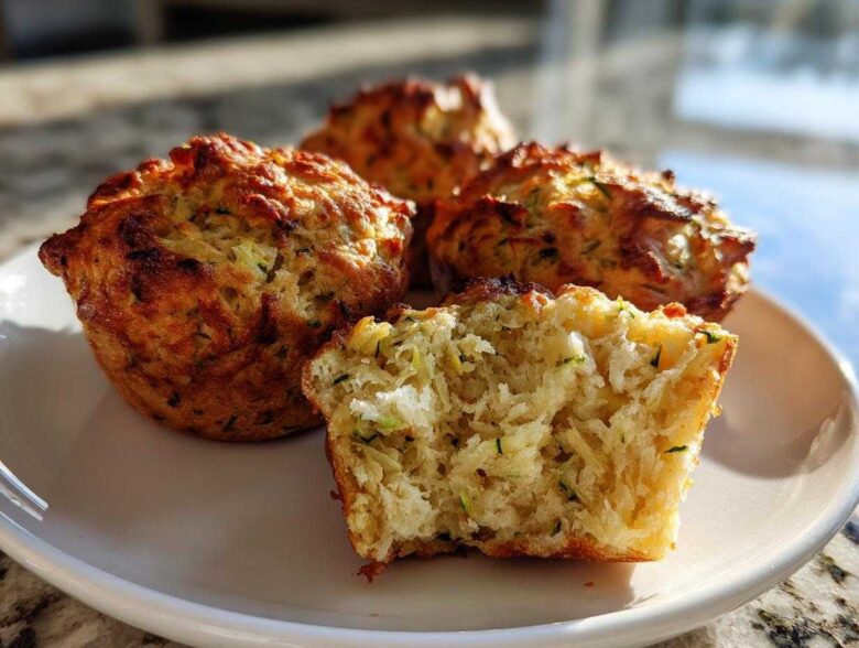Close-up of a classic zucchini muffin cut in half, revealing a moist interior with visible zucchini shreds.