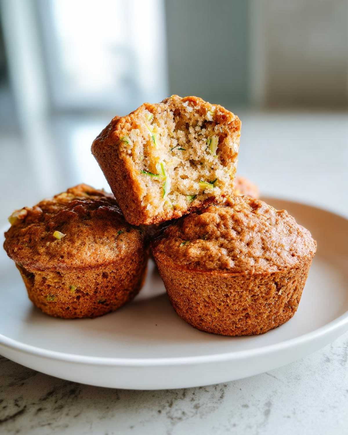 A stack of three classic zucchini muffins on a white plate, with one muffin broken in half to show the moist interior.