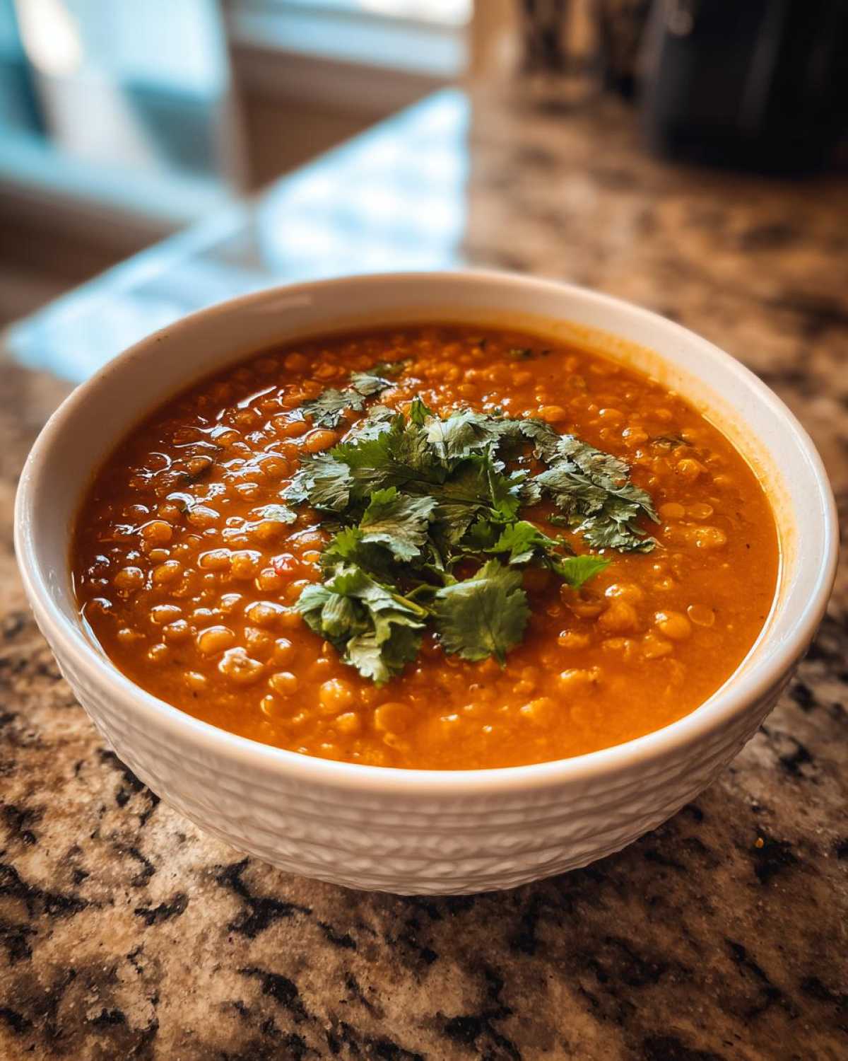 A close-up of a white bowl filled with vibrant orange Coconut Curry Lentil Soup, garnished with fresh cilantro.