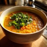 A close-up of a bowl of delicious Coconut Curry Lentil Soup, garnished with fresh cilantro and black pepper.