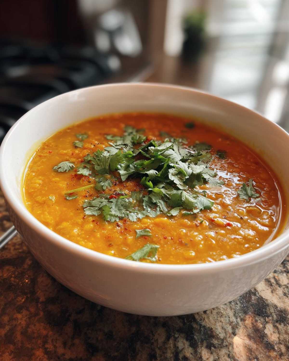 A close-up of a bowl of vibrant orange Coconut Curry Lentil Soup topped with fresh cilantro and red pepper flakes.