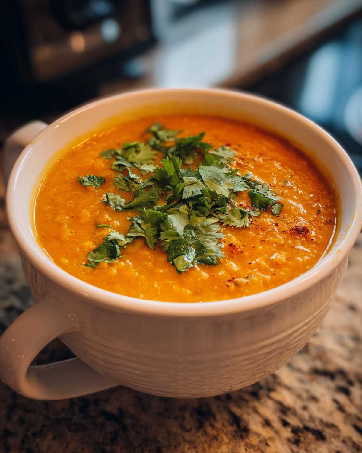 A close-up of a steaming bowl of vibrant orange Coconut Curry Lentil Soup, garnished with fresh cilantro.