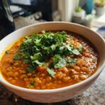 A close-up of a white bowl filled with vibrant orange Coconut Curry Lentil Soup, generously garnished with fresh cilantro.