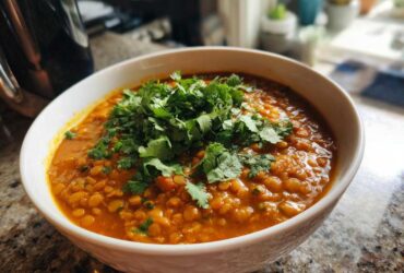 A close-up of a white bowl filled with vibrant orange Coconut Curry Lentil Soup, generously garnished with fresh cilantro.