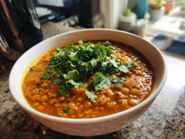 A close-up of a white bowl filled with vibrant orange Coconut Curry Lentil Soup, generously garnished with fresh cilantro.