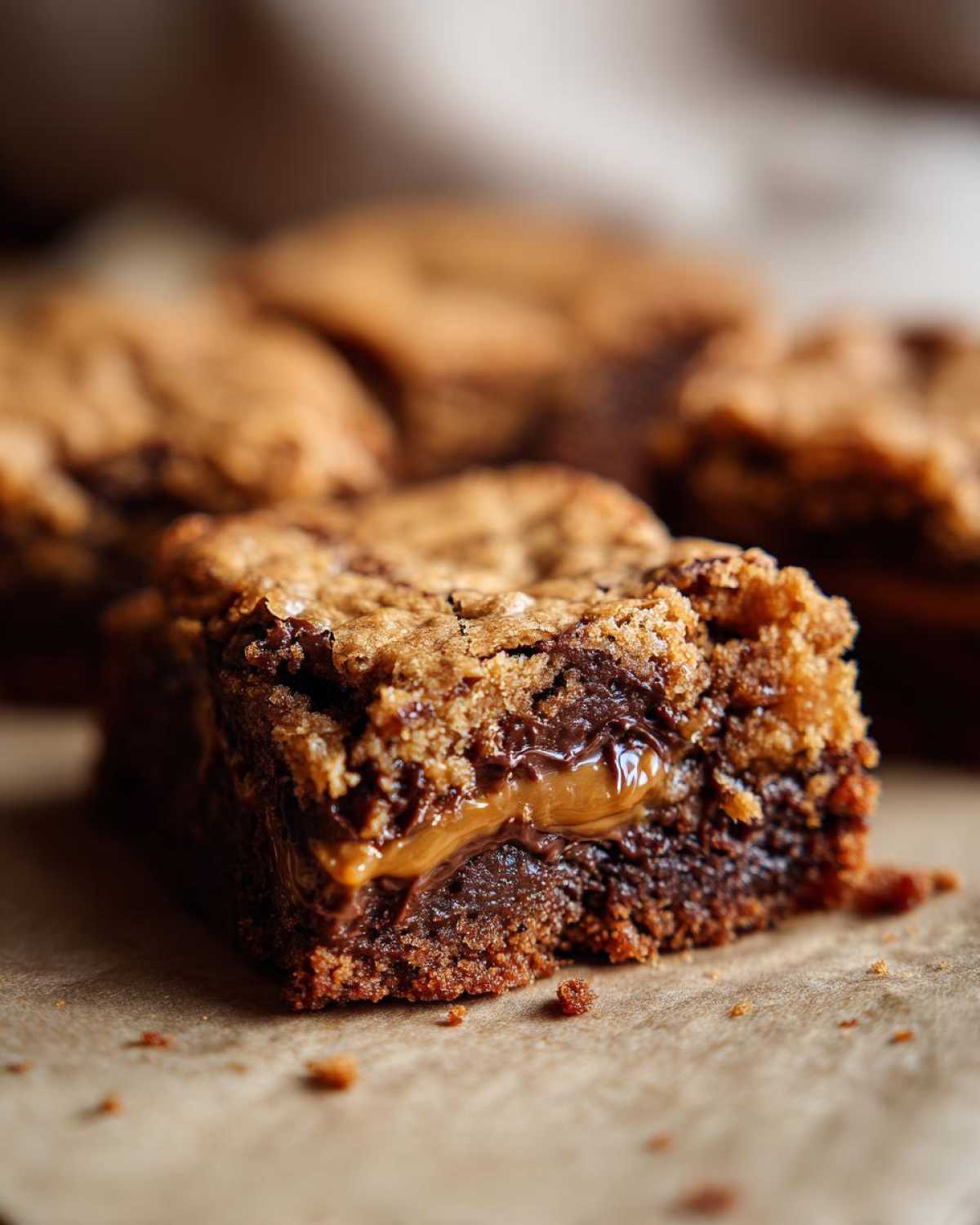 Close-up of a decadent Cookie Butter Blondie with a rich caramel swirl oozing out.