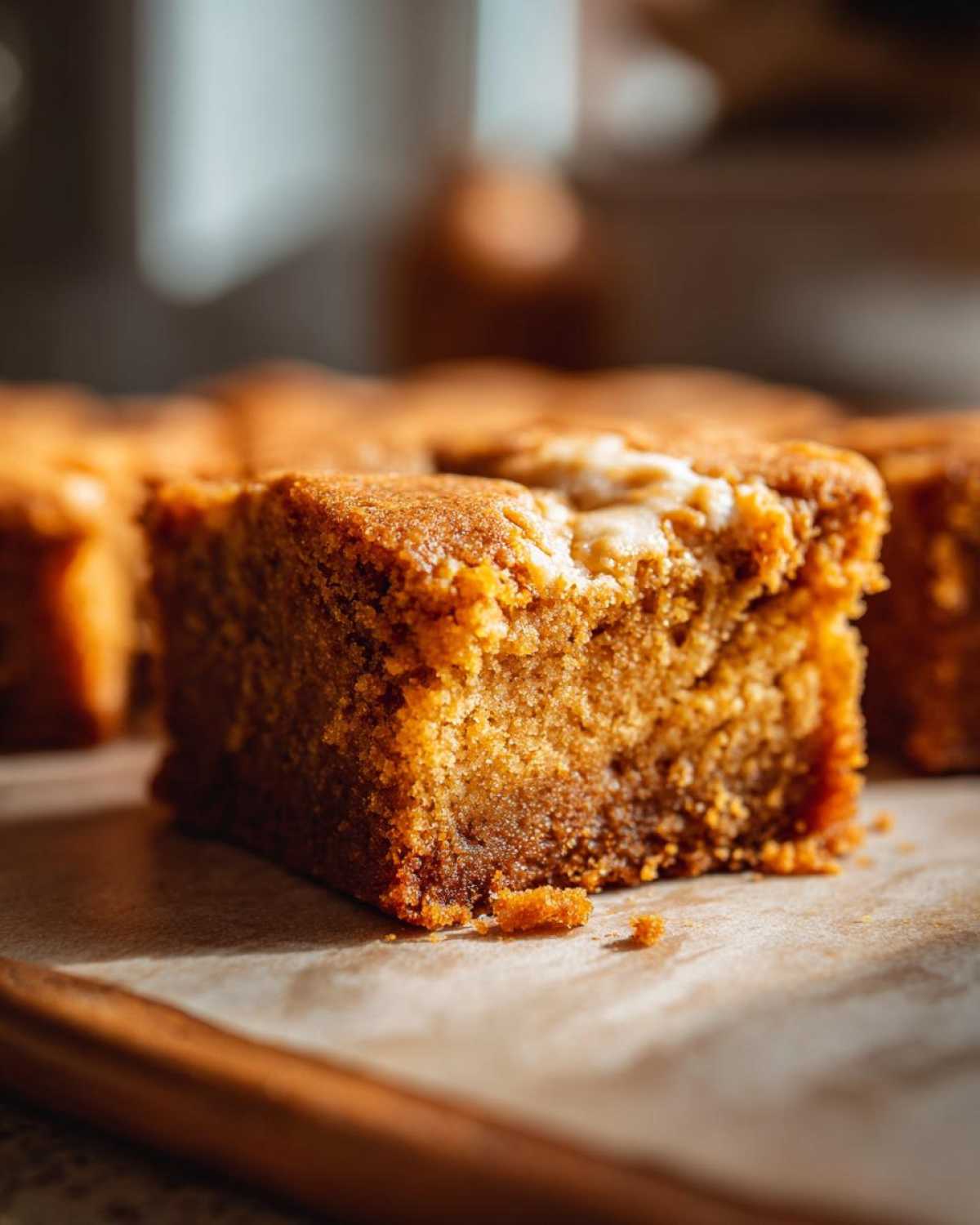 A close-up, mouth-watering shot of a thick, golden-brown Cookie Butter Blondie with a visible swirl of cookie butter throughout.