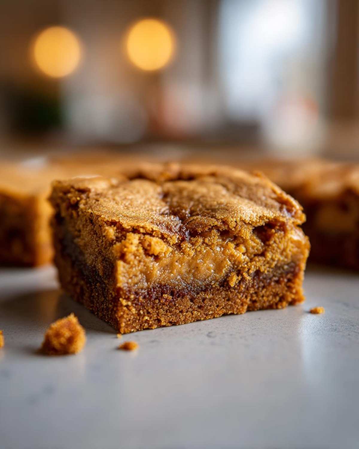 Close-up of a rich Cookie Butter Blondie with a gooey caramel swirl center.