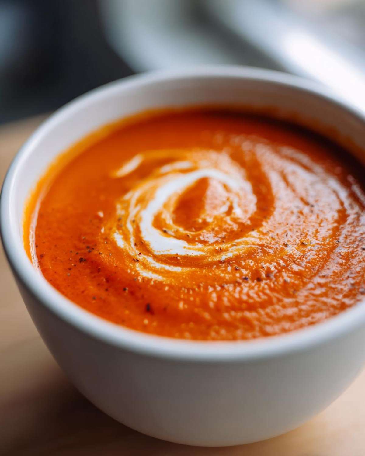 A close-up of a white bowl filled with vibrant Creamy Roasted Red Pepper Soup, garnished with a swirl of cream and black pepper.