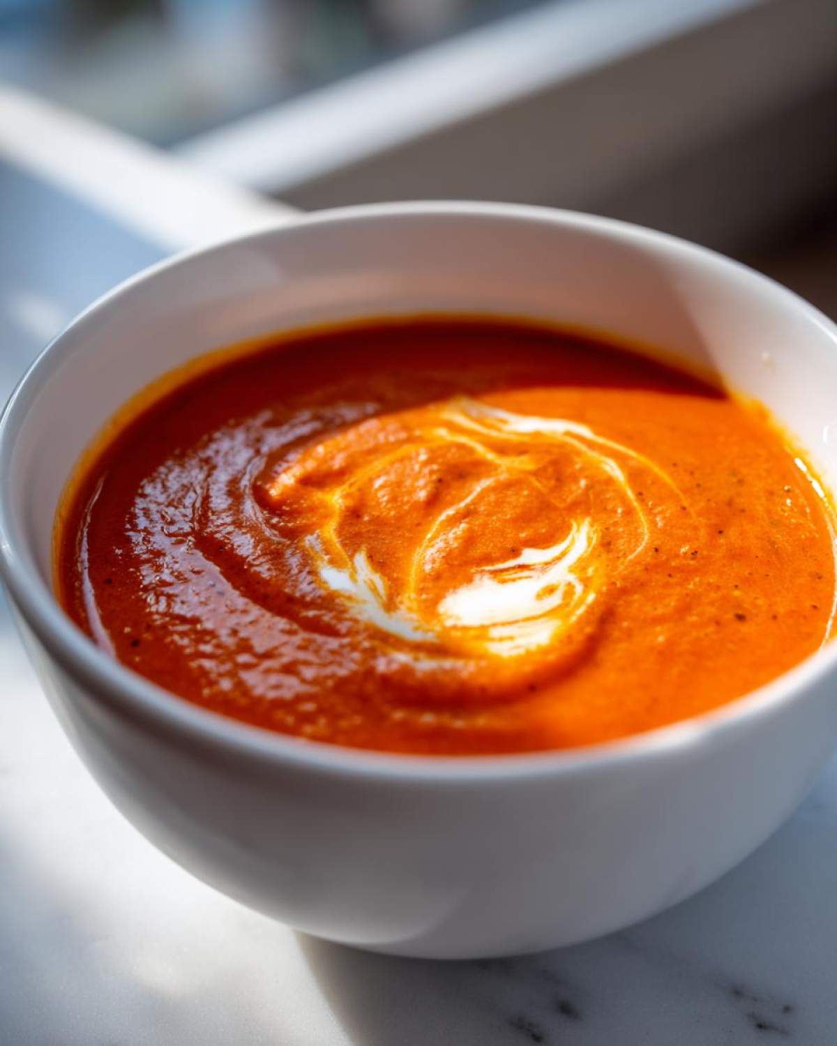 A close-up of a white bowl filled with creamy roasted red pepper soup, topped with a swirl of cream.