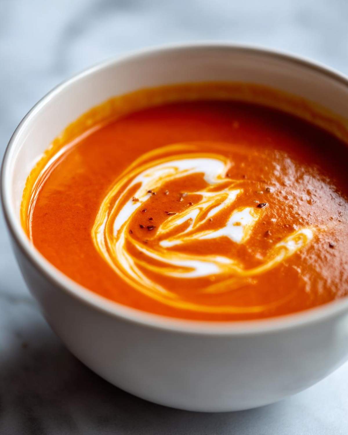 A close-up of a white bowl filled with vibrant Creamy Roasted Red Pepper Soup, artfully swirled with cream and sprinkled with herbs.
