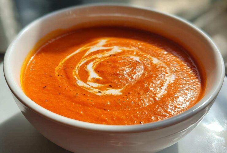 Close-up of a bowl of vibrant Creamy Roasted Red Pepper Soup with a swirl of cream and black pepper.