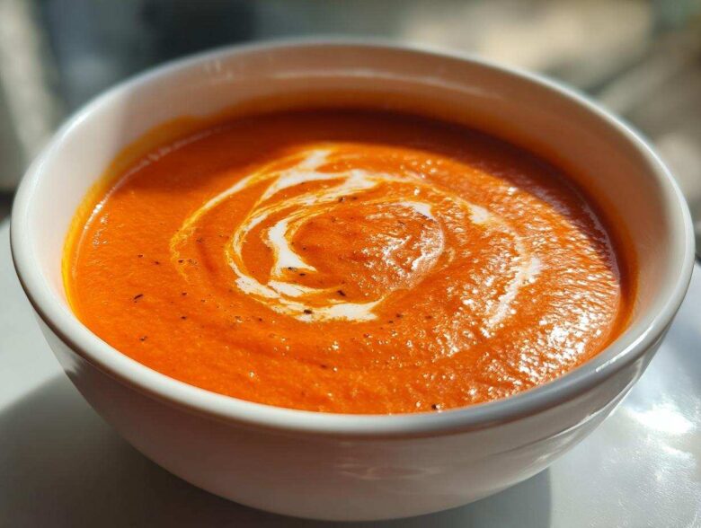 Close-up of a bowl of vibrant Creamy Roasted Red Pepper Soup with a swirl of cream and black pepper.