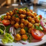 A vibrant plate of Crispy Chickpea Salad featuring seasoned chickpeas, lettuce, cherry tomatoes, and red onion slices.