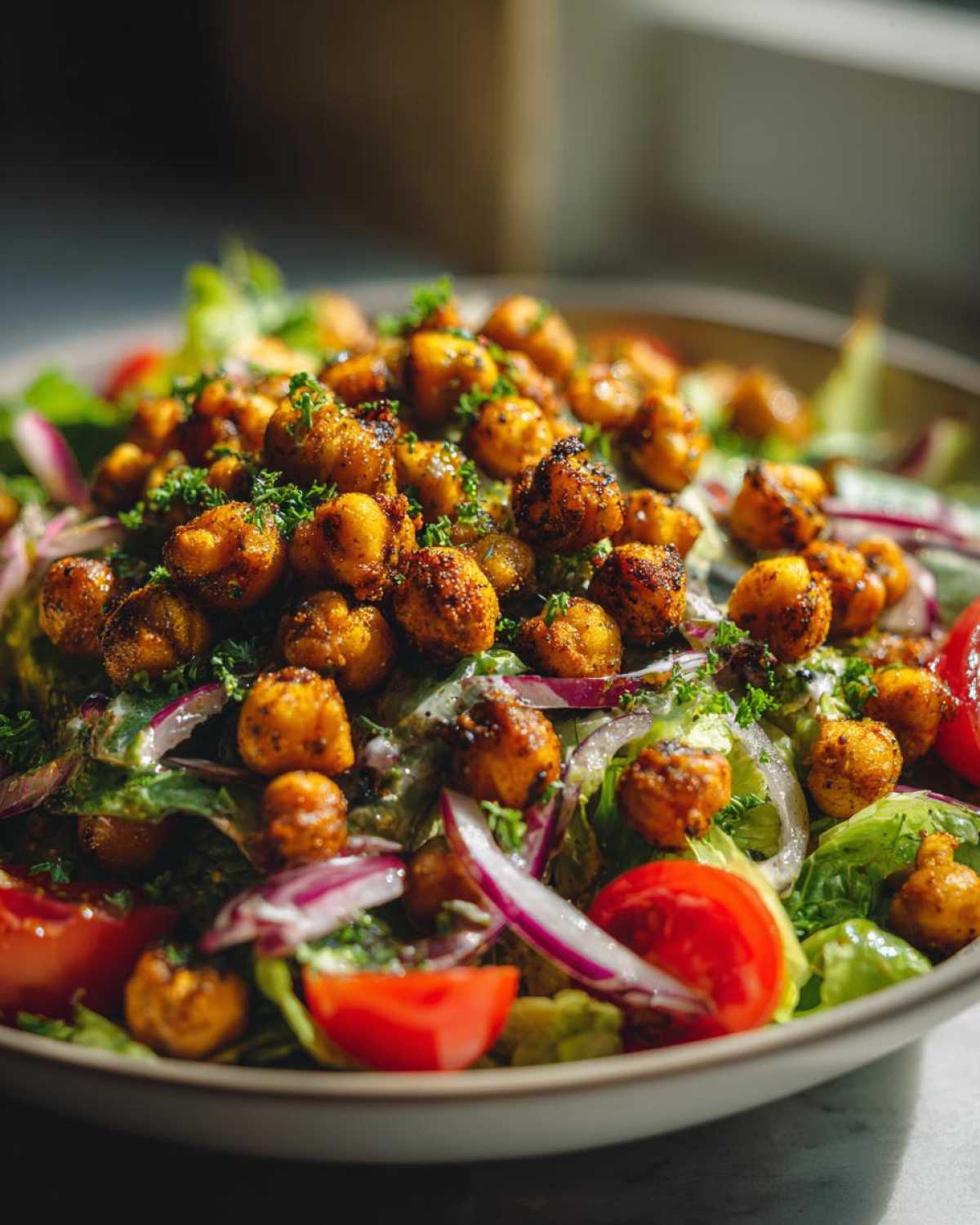 A vibrant Crispy Chickpea Salad featuring golden-brown roasted chickpeas, fresh lettuce, juicy tomato wedges, and thinly sliced red onion.