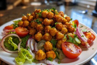 A vibrant plate of Crispy Chickpea Salad featuring seasoned chickpeas, lettuce, cherry tomatoes, and red onion slices.
