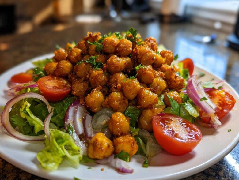 A vibrant plate of Crispy Chickpea Salad featuring seasoned chickpeas, lettuce, cherry tomatoes, and red onion slices.