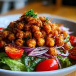 A vibrant bowl of Crispy Chickpea Salad featuring seasoned chickpeas piled high on lettuce, with cherry tomatoes and red onion slices.