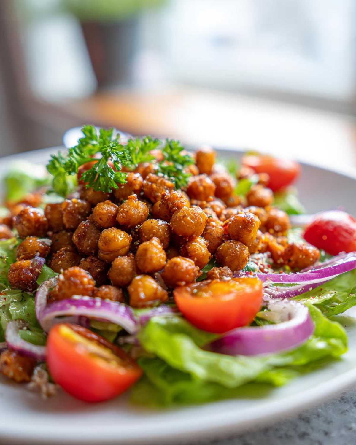 A close-up of a Crispy Chickpea Salad featuring seasoned chickpeas, lettuce, cherry tomatoes, and red onion rings, garnished with parsley.