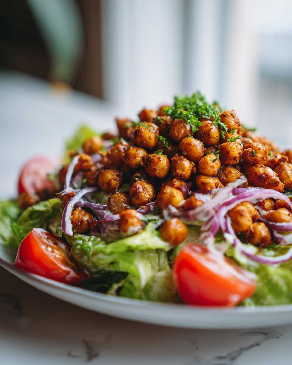 A vibrant Crispy Chickpea Salad featuring seasoned chickpeas, crisp lettuce, sliced tomatoes, and red onion rings, garnished with parsley.