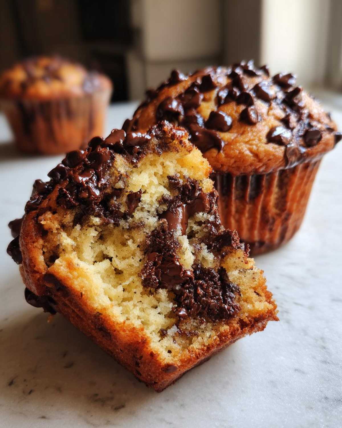 A close-up of a double chocolate chip muffin, with one muffin broken in half to reveal the rich chocolate chips inside.