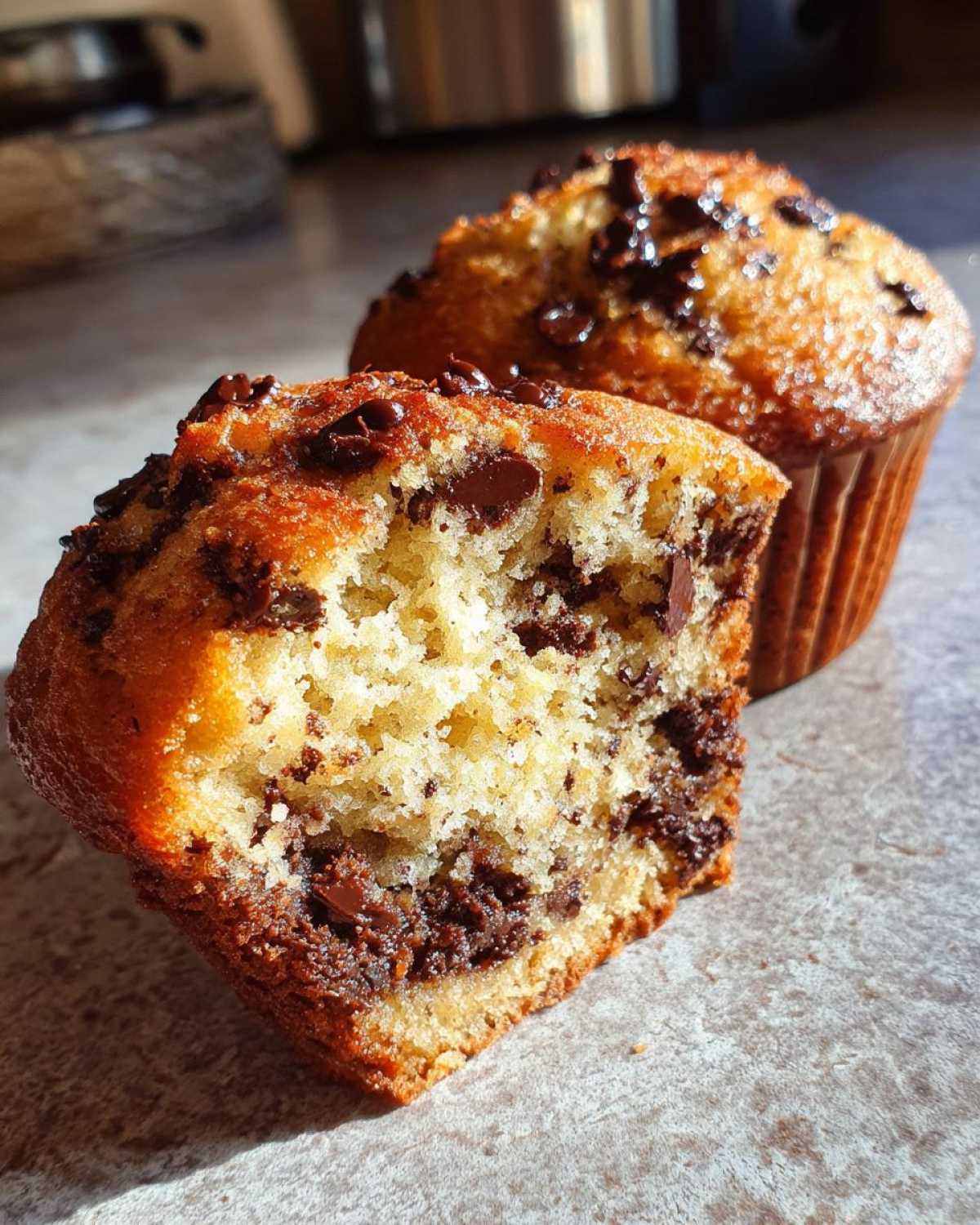 A close-up view of a double chocolate chip muffin, cut in half to reveal the moist interior packed with chocolate chips.