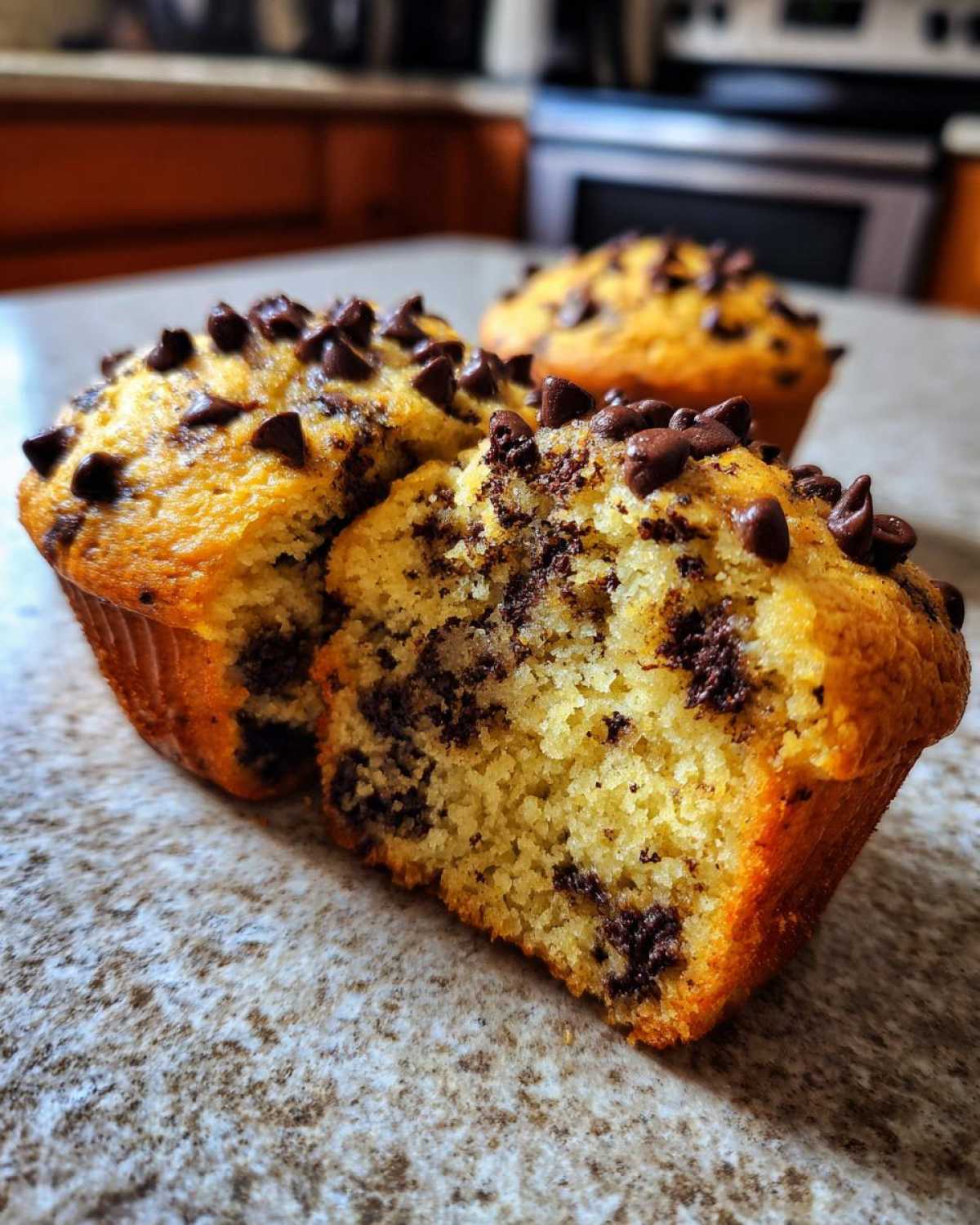 A close-up view of two double chocolate chip muffins, one split in half to reveal the rich chocolate chips within the fluffy batter.