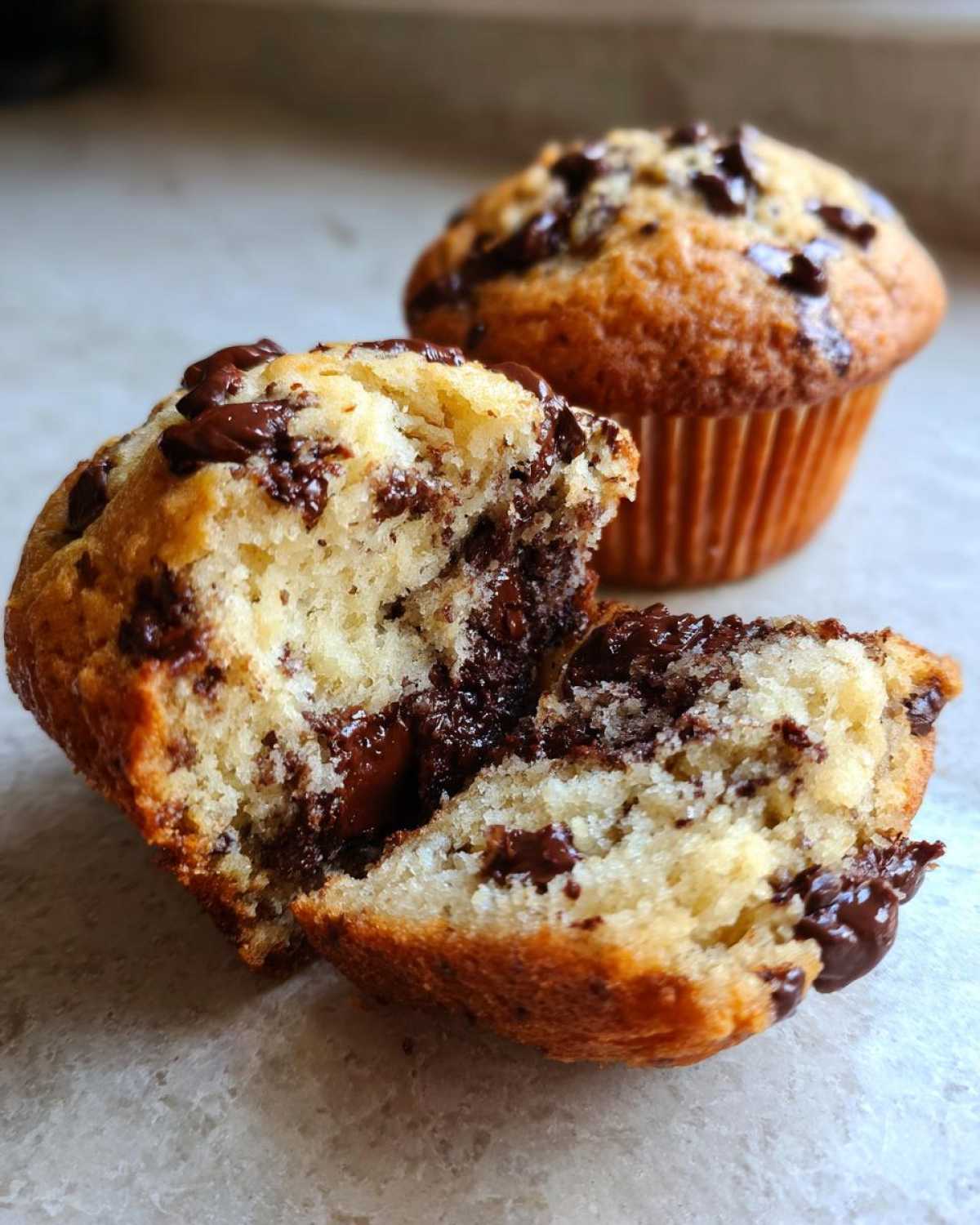 A close-up of a double chocolate chip muffin split in half, revealing a gooey chocolate center.