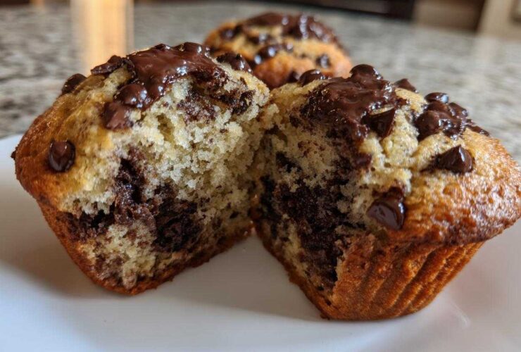 A close-up view of a double chocolate chip muffin, split in half to reveal a moist interior packed with chocolate chips.