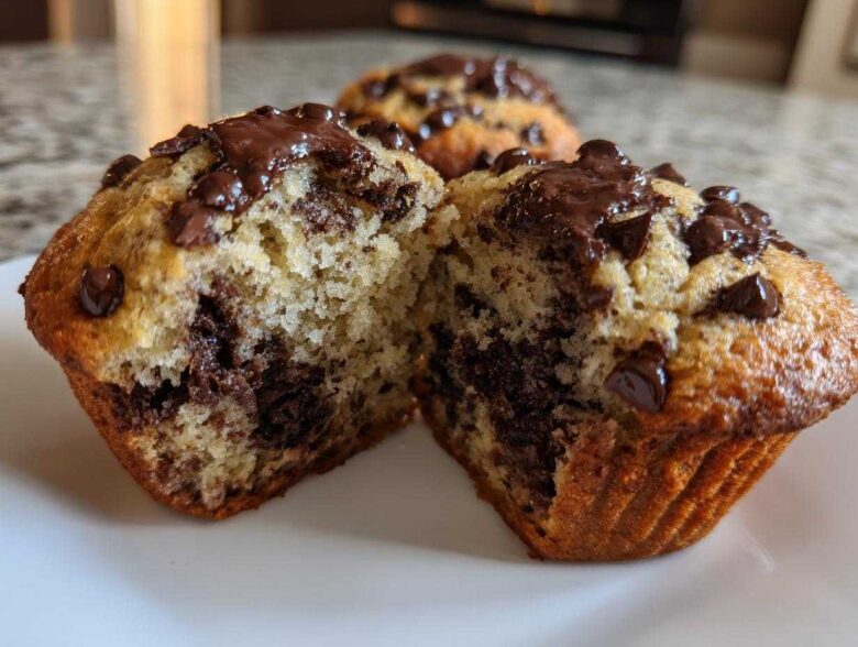 A close-up view of a double chocolate chip muffin, split in half to reveal a moist interior packed with chocolate chips.
