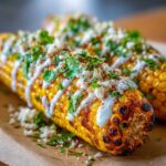 Close-up of a perfectly grilled elote recipe, drizzled with creamy sauce, crumbled cheese, and fresh cilantro.