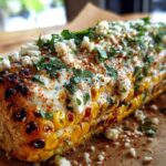 Close-up of a perfectly grilled ear of corn, covered in creamy sauce, crumbled cheese, and fresh cilantro for an elote recipe.