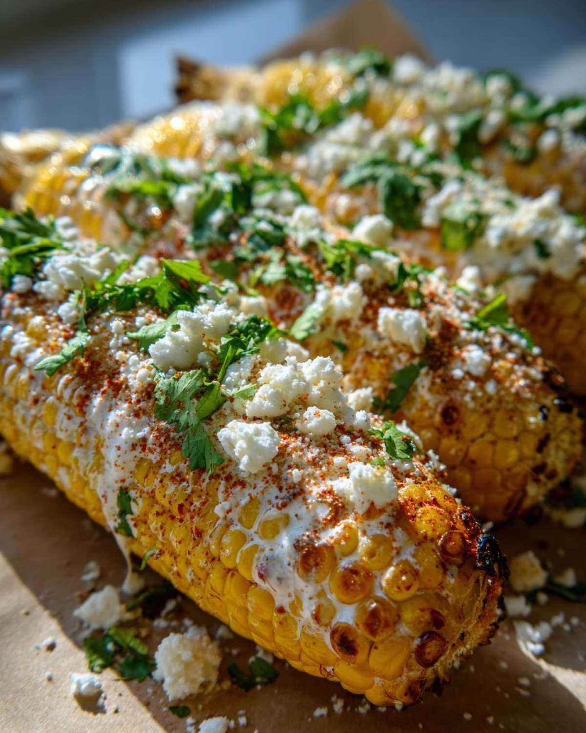 Close-up of grilled corn on the cob, slathered in creamy sauce, sprinkled with cheese and cilantro, a perfect elote recipe.