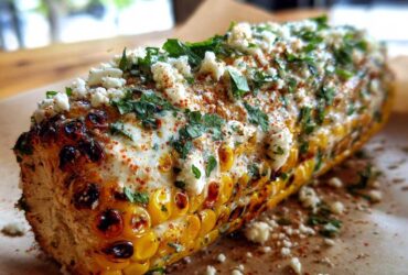 Close-up of a perfectly grilled ear of corn, covered in creamy sauce, crumbled cheese, and fresh cilantro for an elote recipe.