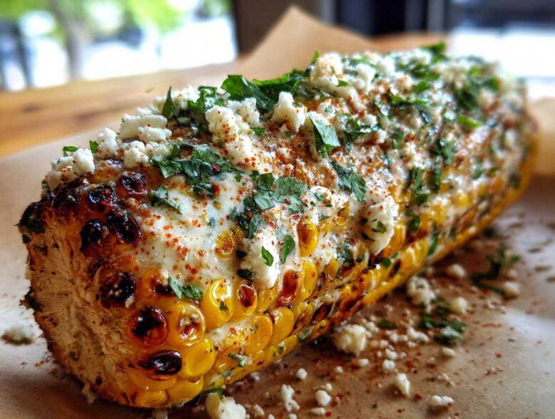 Close-up of a perfectly grilled ear of corn, covered in creamy sauce, crumbled cheese, and fresh cilantro for an elote recipe.