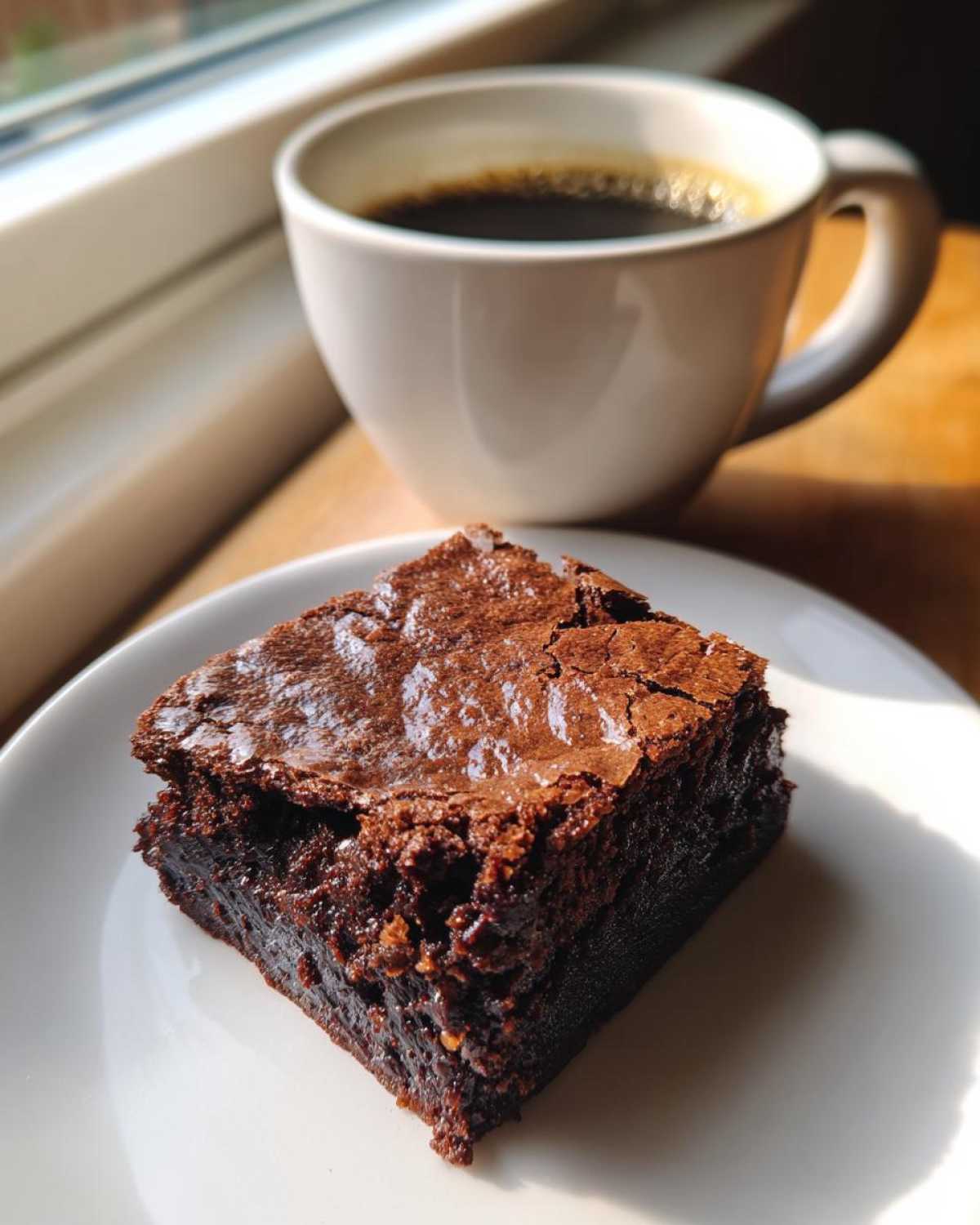 A close-up of a fudgy espresso brownie on a white plate, with a cup of coffee in the background.