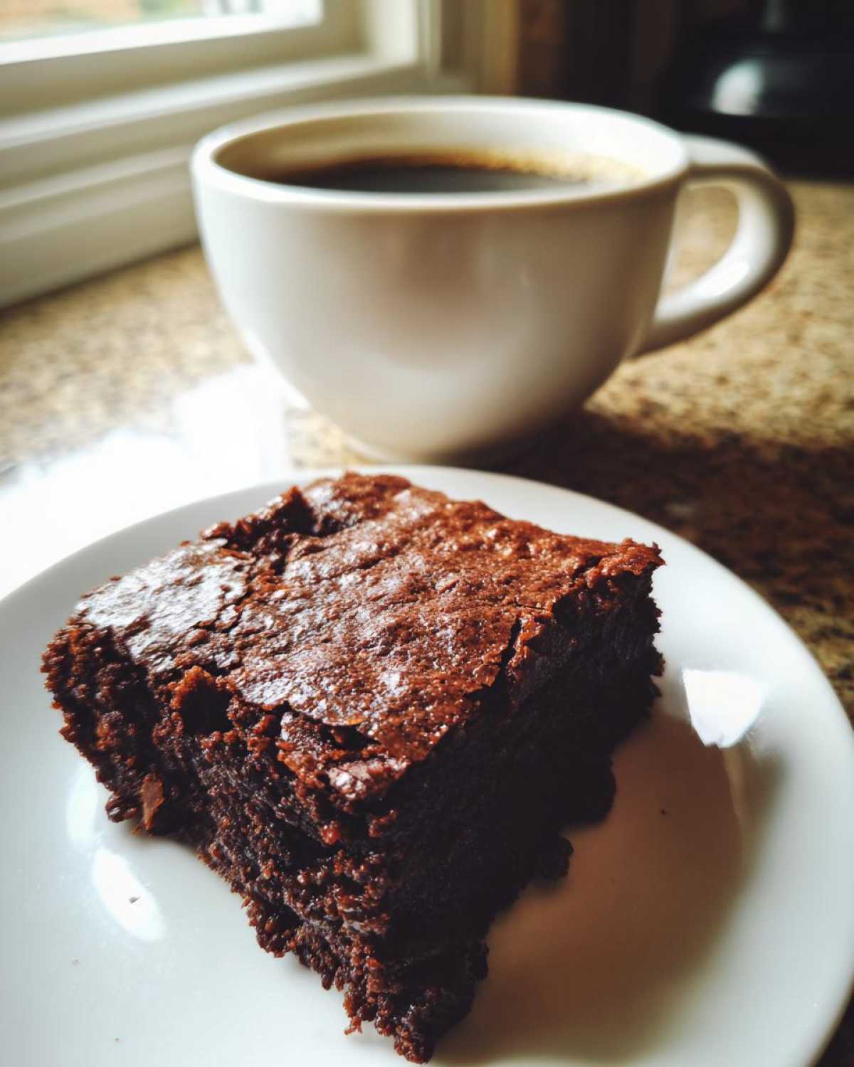A rich, fudgy espresso brownie on a white plate next to a steaming mug of black coffee.