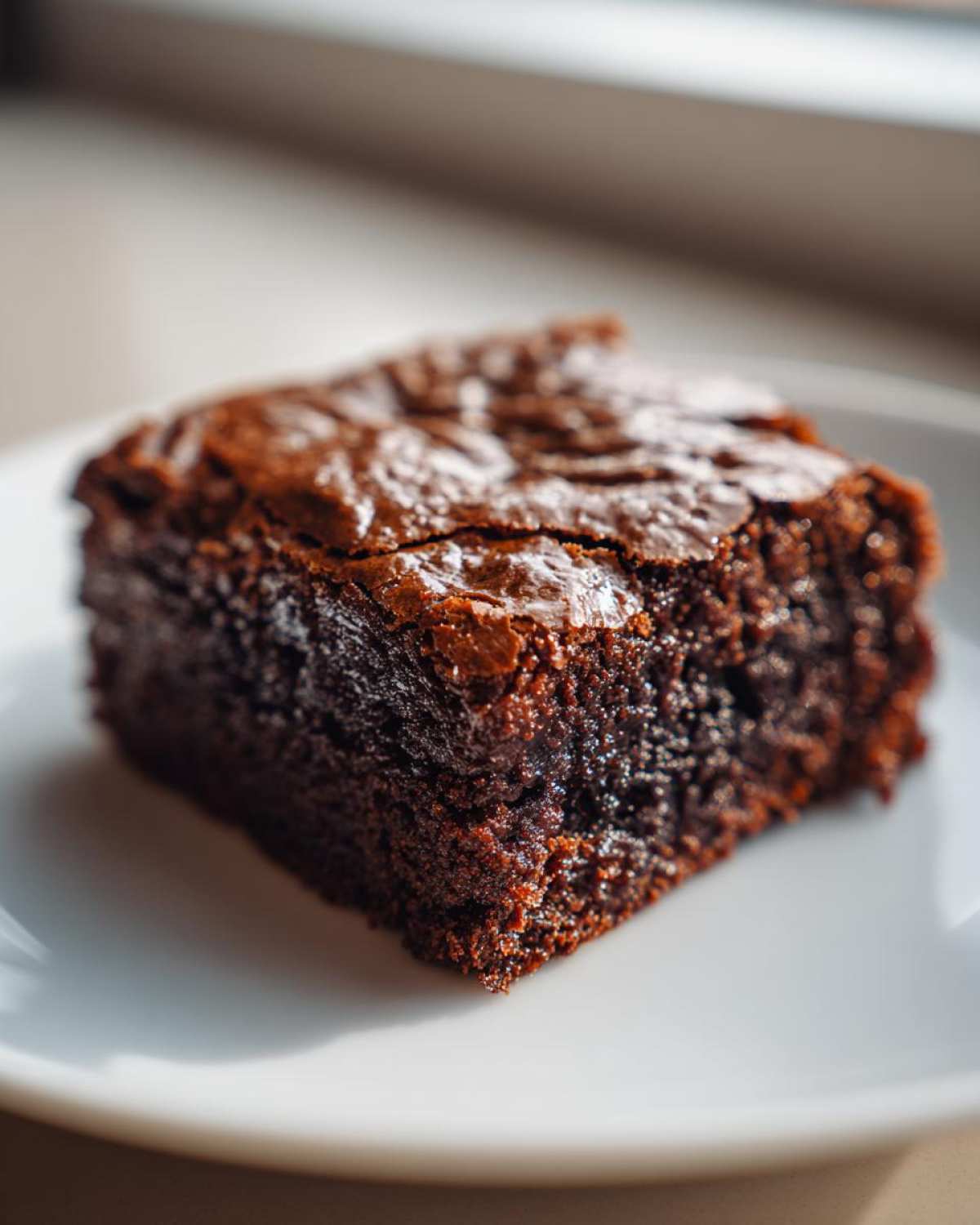 A close-up of a perfectly fudgy espresso brownie on a white plate, showcasing its rich chocolate color and texture.