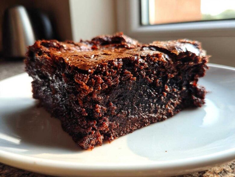 A close-up of a rich, fudgy espresso brownie slice on a white plate, showcasing its moist texture.