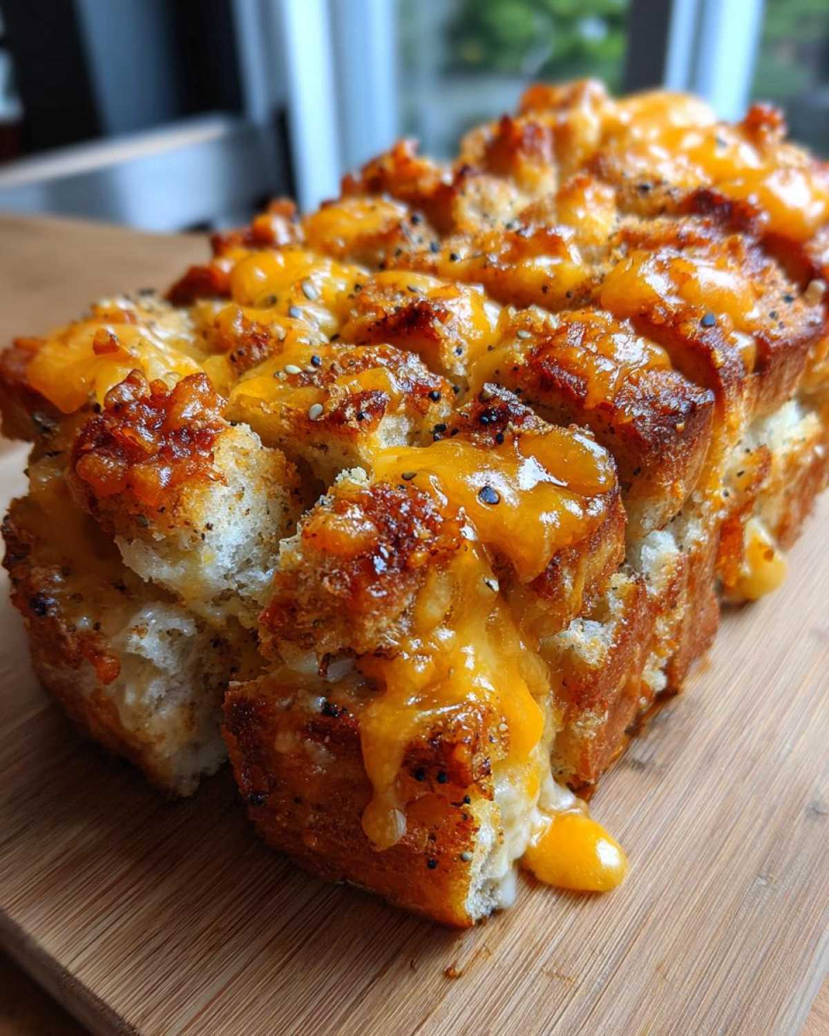 Close-up of an Everything Bagel Pull Apart Loaf covered in melted cheese and everything bagel seasoning.