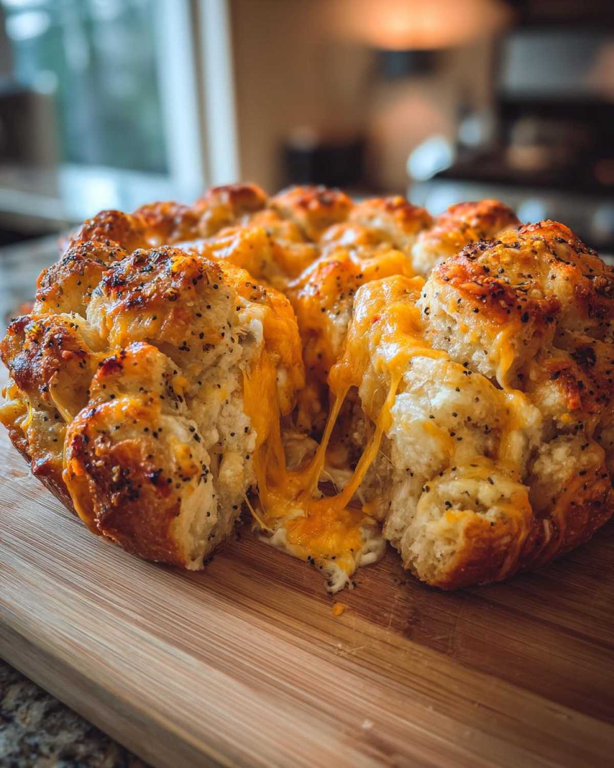 Close-up of a golden-brown Everything Bagel Pull Apart Loaf with melted cheese oozing out.