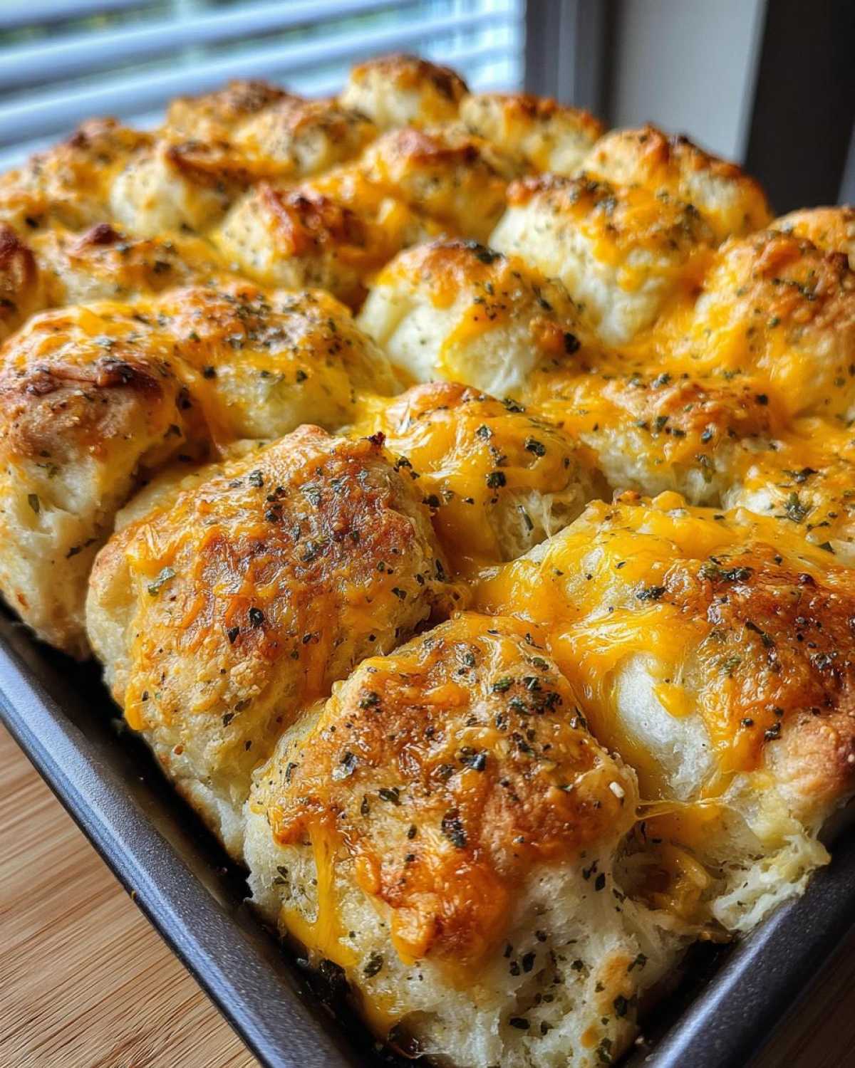 Close-up of a golden-brown Everything Bagel Pull Apart Loaf baked in a pan, topped with melted cheddar cheese and herbs.
