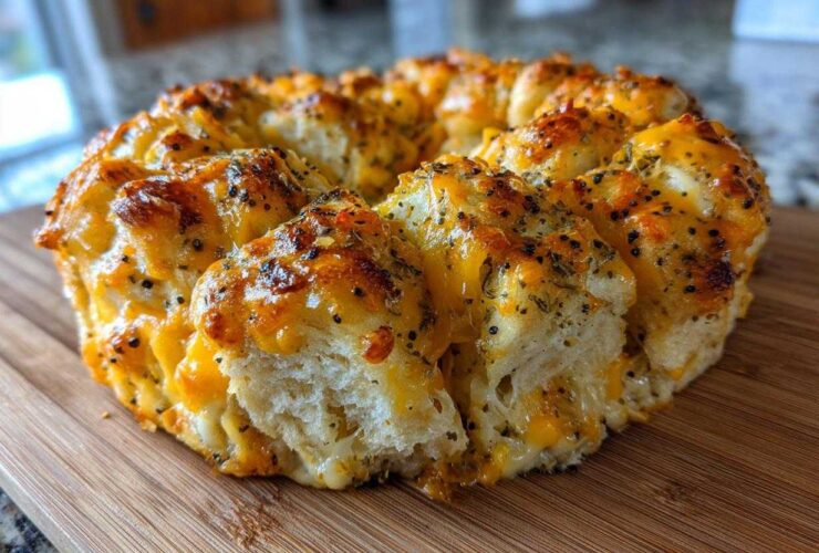 A golden brown Everything Bagel Pull Apart Loaf covered in melted cheese and seasonings on a wooden board.