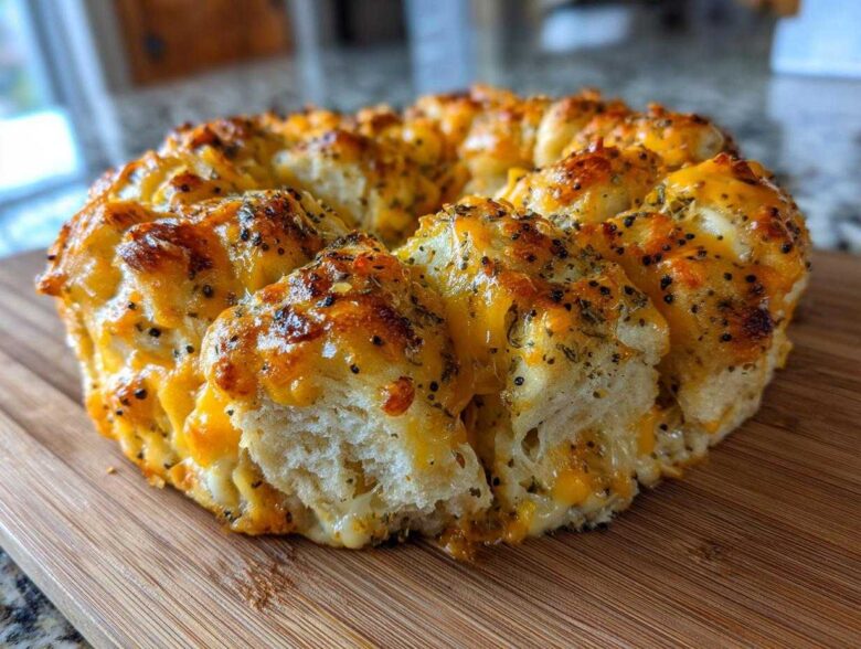 A golden brown Everything Bagel Pull Apart Loaf covered in melted cheese and seasonings on a wooden board.