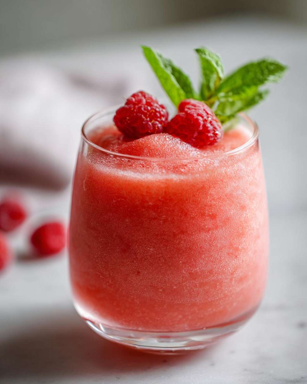 A close-up of a glass filled with a vibrant pink Frozen Rosé Slushie, garnished with fresh raspberries and mint leaves.